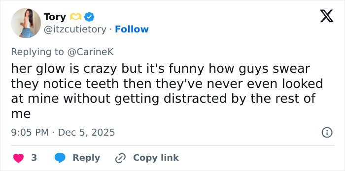 Screenshot of a tweet discussing Miley Cyrus’s youthful glow and viral makeover after her veneers were taken out.