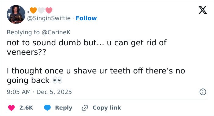 Tweet discussing the possibility of removing veneers and concerns about irreversible teeth shaving in a casual tone.