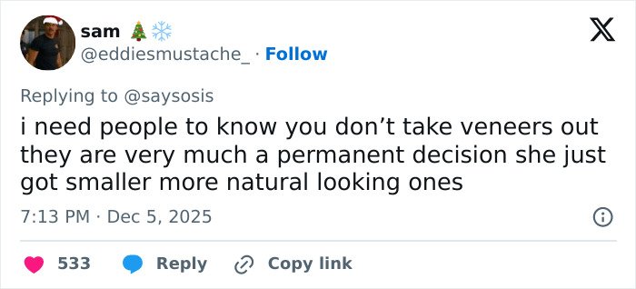 Tweet explaining veneers as a permanent dental decision, clarifying natural-looking smaller veneers for a youthful makeover.