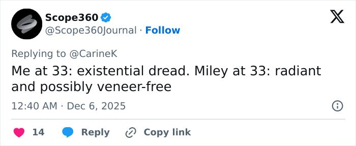 Screenshot of a social media post discussing Miley Cyrus’s youthful glow and viral veneer-free makeover.