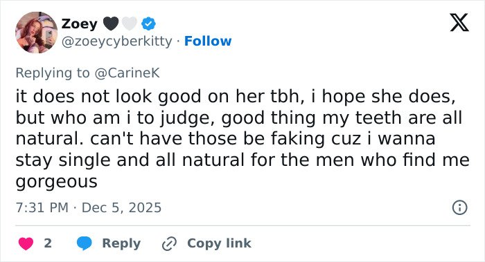 Tweet discussing natural teeth and reactions related to Miley Cyrus’s youthful glow and viral makeover.