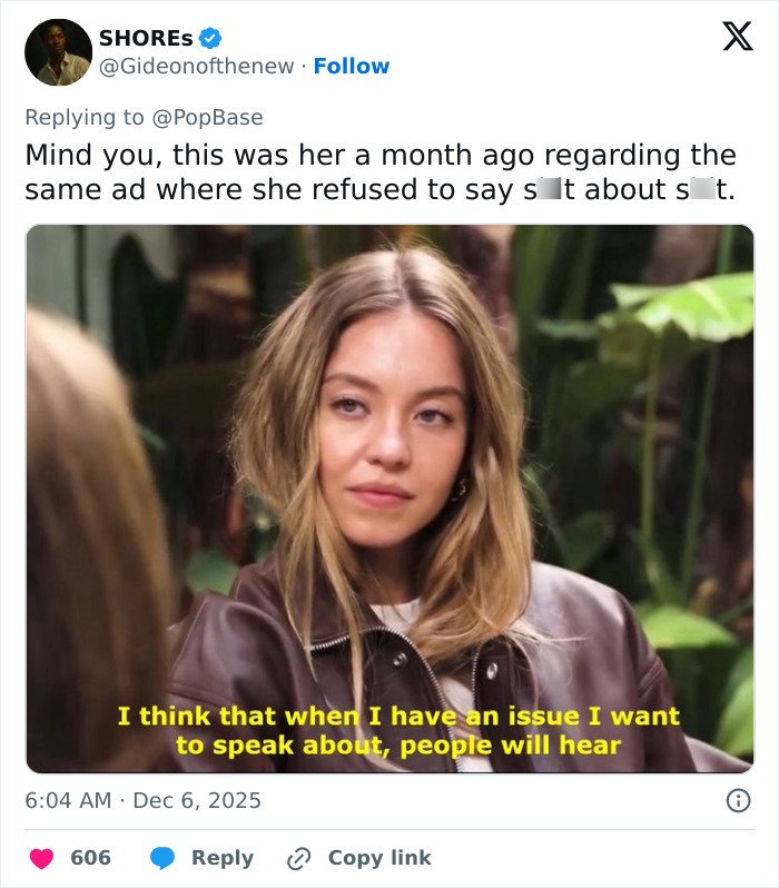 Sydney Sweeney in an interview refusing to comment on American Eagle ad, sparking heated reactions online.