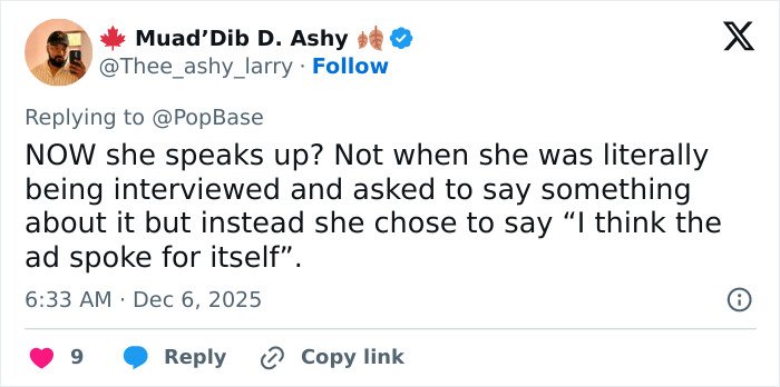 Tweet from Muad’Dib D. Ashy criticizing Sydney Sweeney’s late apology for American Eagle ad, sparking heated reactions.