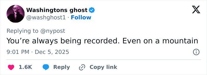 Screenshot of a tweet warning about being recorded, referencing a mountain related to woman abandoned and fatally frozen on Austria’s peak.