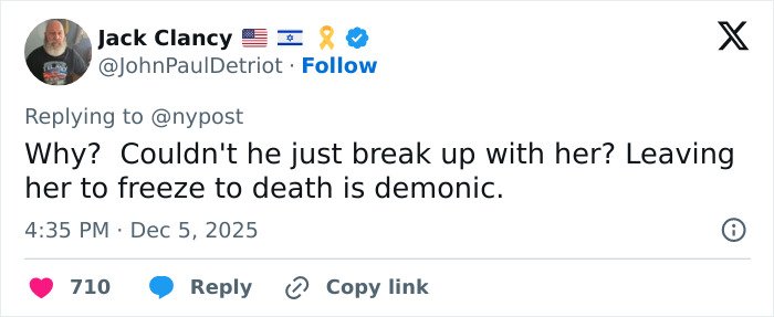 Tweet discussing a woman abandoned by boyfriend who fatally froze on Austria’s highest peak, calling it demonic.