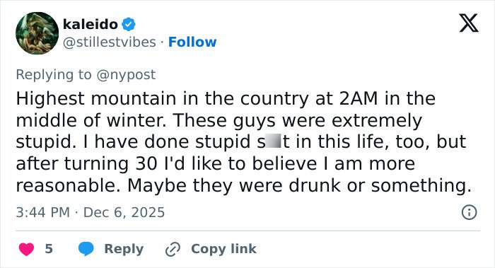 Tweet screenshot showing a user commenting on a tragic woman abandoned to fatally freeze on Austria’s highest peak.