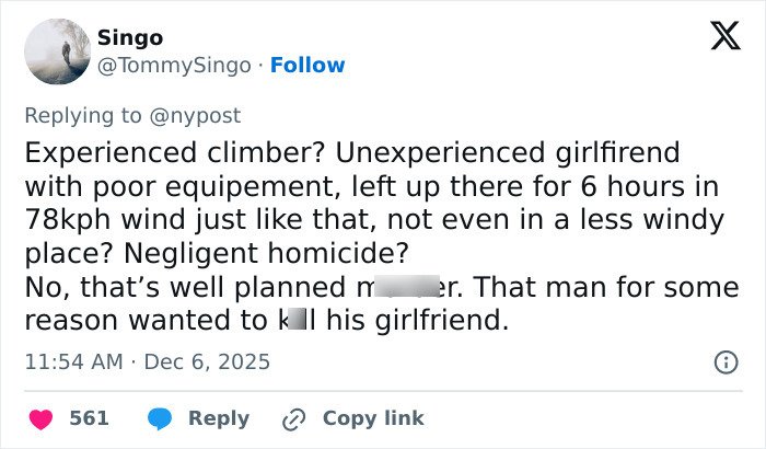 Tweet discussing woman abandoned by boyfriend leading to fatal freezing on Austria’s highest peak, highlighting negligence and intent.