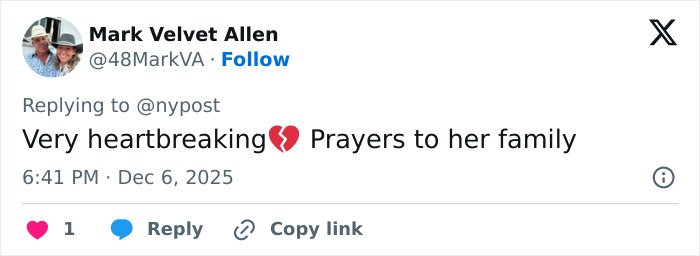 Tweet from Mark Velvet Allen expressing heartbreak and prayers for the woman abandoned to fatally freeze on Austria’s highest peak.