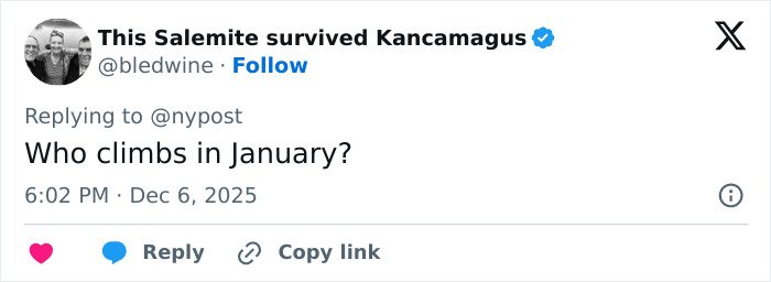 Tweet from user expressing surprise about climbing in January, related to woman abandoned to fatally freeze on Austria’s highest peak.