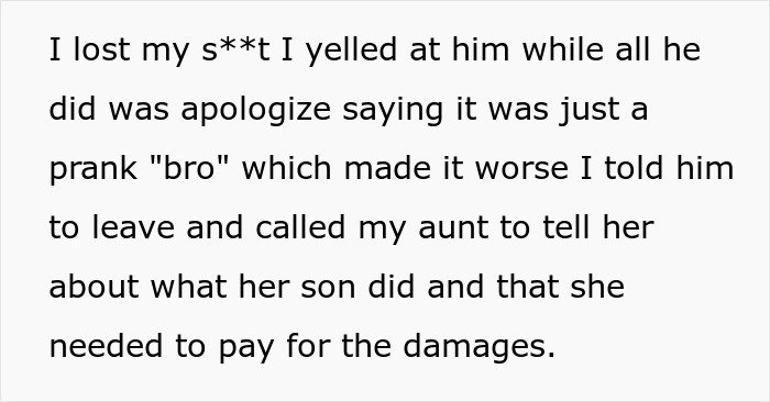 Text excerpt showing a man demanding cousin pay for his cruel prank and mentioning the aunt’s shocking reaction.