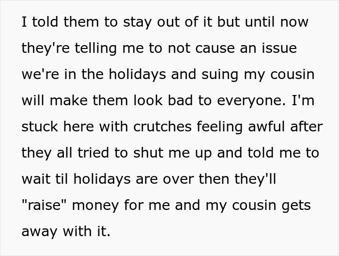 Text excerpt about a man dealing with family tension over a cruel prank and his cousin’s refusal to pay.