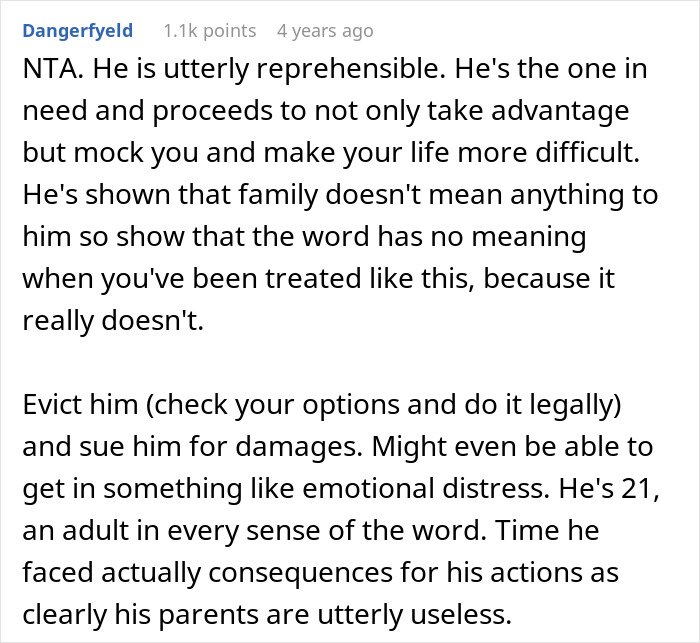 Screenshot of a forum comment discussing a man demanding his cousin pay for a cruel prank and family conflict advice.