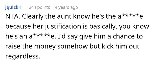 Screenshot of a Reddit comment discussing a man demanding cousin pay for his cruel prank and the aunt’s reaction.