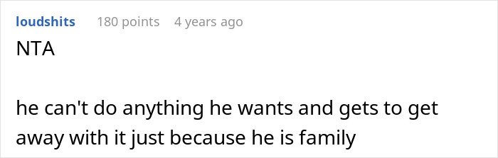 Screenshot of a forum comment discussing a man demanding cousin pay for a cruel prank and the shocked aunt’s reaction.