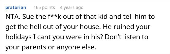 Screenshot of an online forum comment discussing a man demanding his cousin pay for a cruel prank and the aunt’s unexpected reaction.