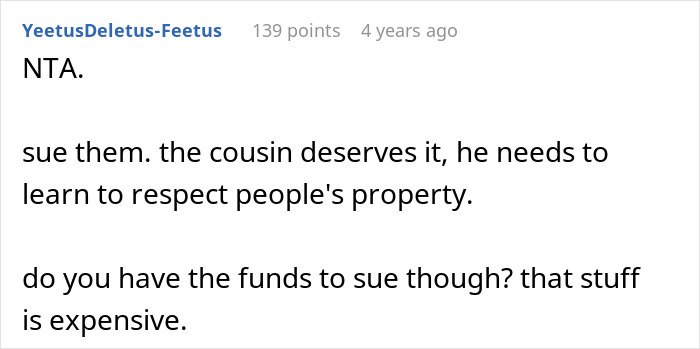 Screenshot of a Reddit comment discussing a man demanding his cousin pay for a cruel prank and the aunt’s reaction.