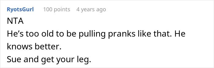 Screenshot of a forum comment discussing a man demanding his cousin pay for a cruel prank and the shocked aunt’s reaction.