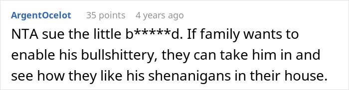 Screenshot of online comment discussing a man demanding cousin pay for his cruel prank and family reactions.
