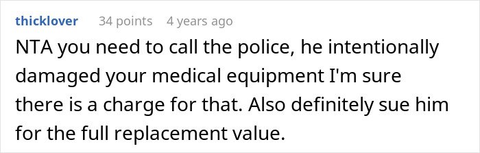 Screenshot of a social media comment advising to call police and sue cousin over damage from a cruel prank.