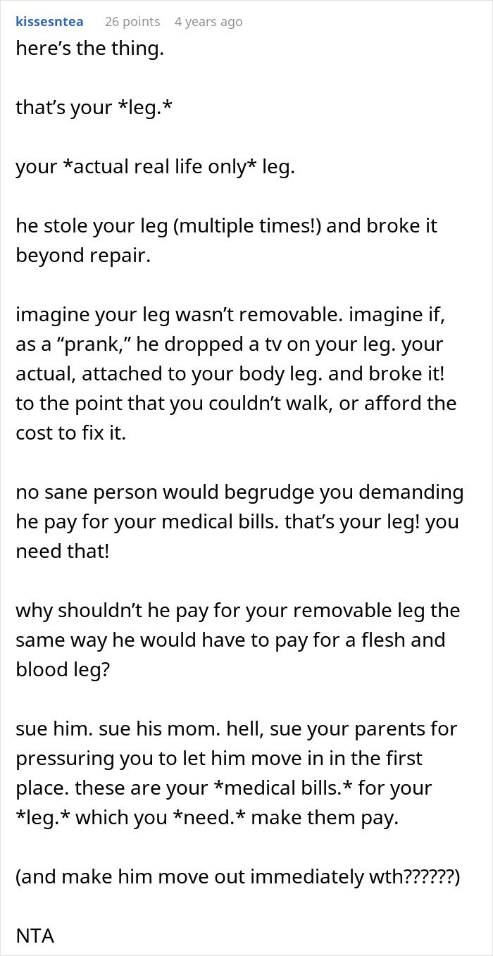 Screenshot of a detailed Reddit comment discussing a man demanding cousin pay for his cruel prank and the aunt’s unexpected reaction.