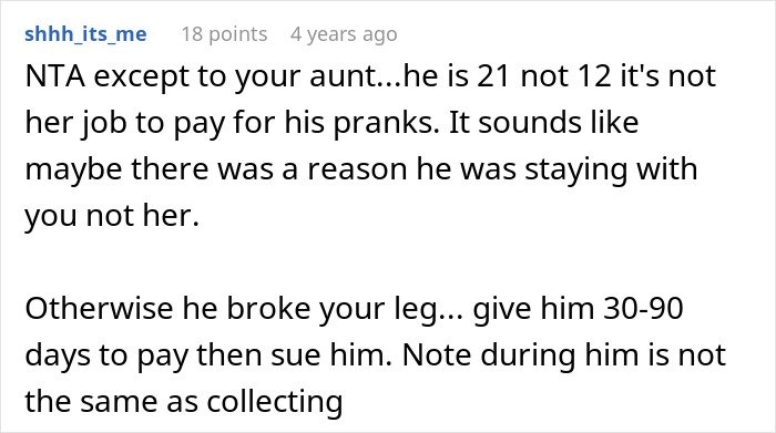 Screenshot of a forum comment discussing a man demanding his cousin pay for a cruel prank and the aunt’s reaction.