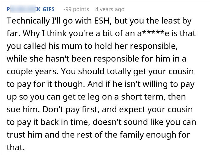 Text post discussing a man demanding his cousin pay for his cruel prank and the aunt’s surprising reaction.