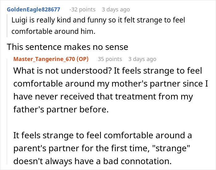 Reddit conversation where a teen explains feeling strange but comfortable around stepmother’s partner for the first time.