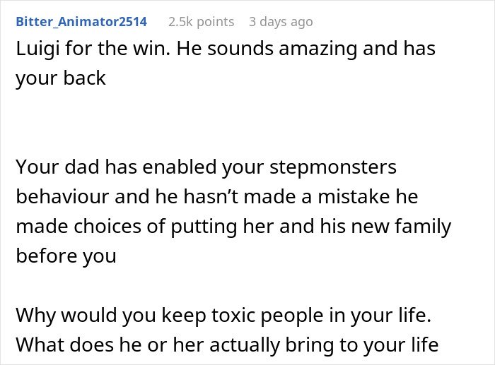 Comment discussing teen’s realization of stepmother’s true colors and insecurities about a kid in a toxic family dynamic.
