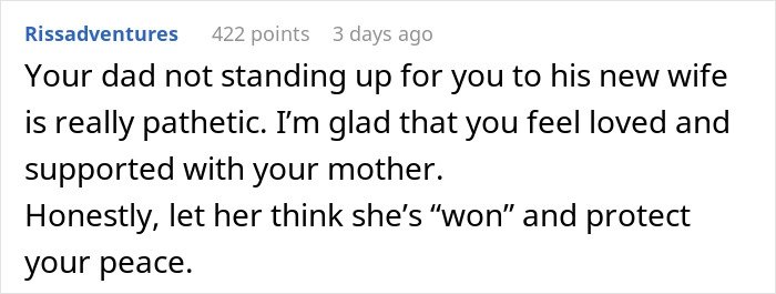 Comment text expressing disappointment in a dad not supporting his child against the stepmother’s insecurity about a kid.