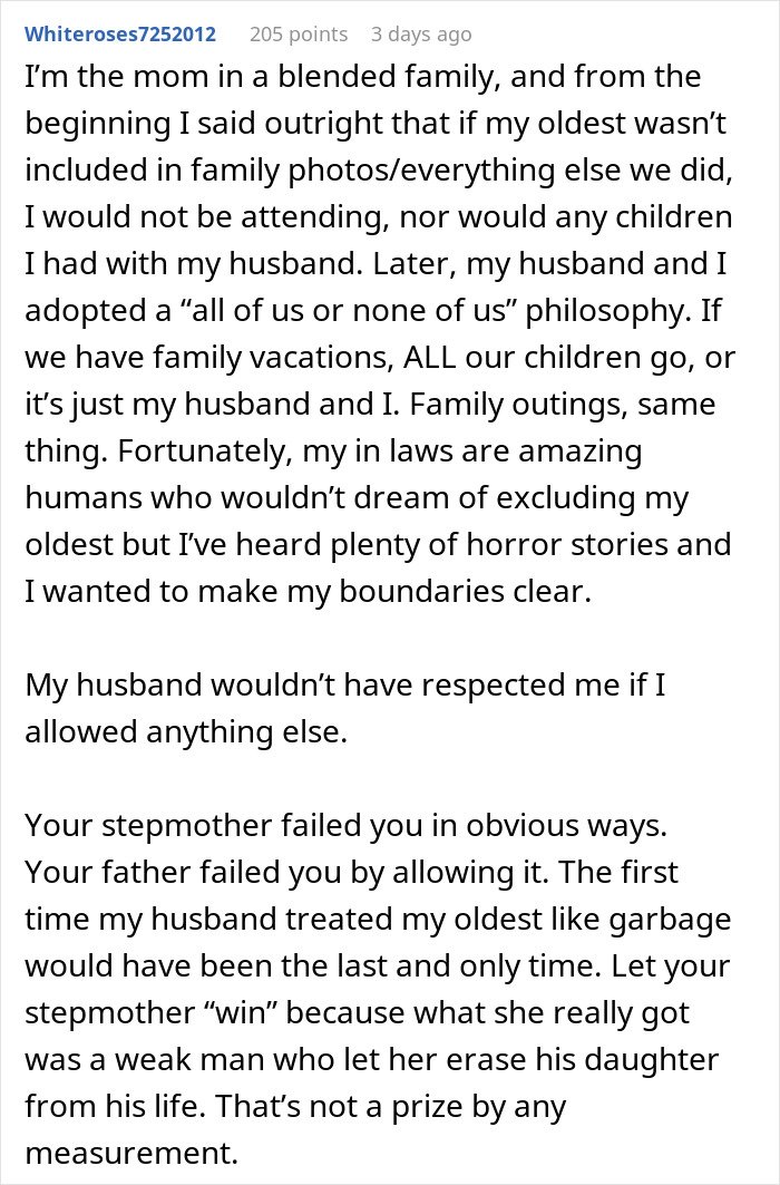 Comment about blended family boundaries and stepmother behavior highlighting insecurity about a kid in a teen’s life.