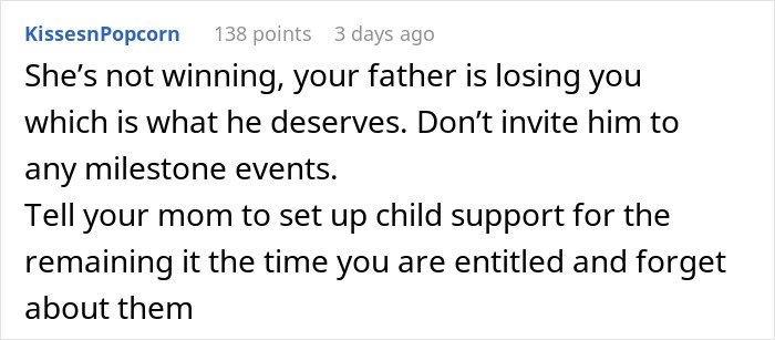 Comment discussing family conflict and advice on child support amid teen’s issues with stepmother’s true colors.