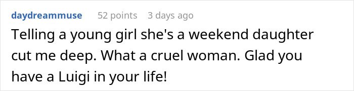 Comment about a teen feeling insecure and finally seeing her stepmother’s true colors in a family conflict discussion.