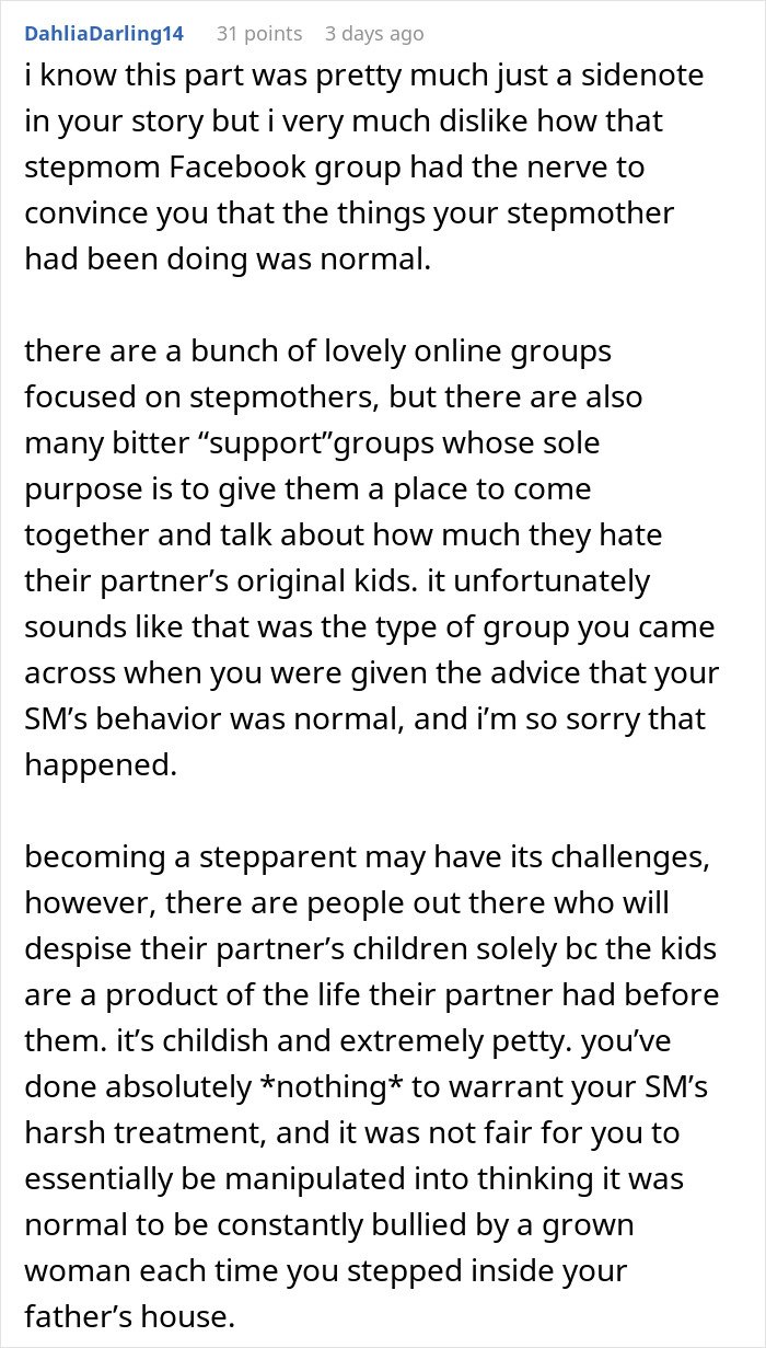 Comment discussing stepmother’s harsh behavior and teen’s insecurity about a kid in a blended family situation.