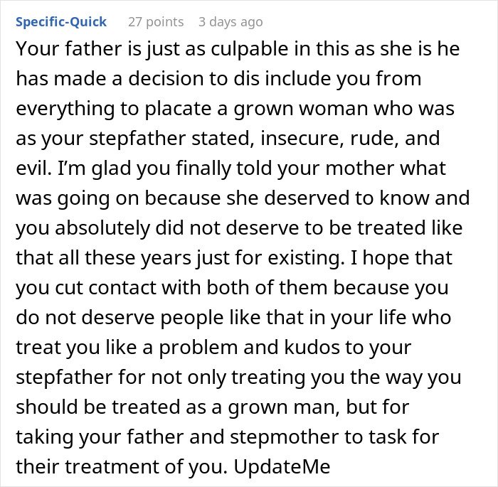Comment discussing a teen confronting insecurity and true colors of a stepmother in a family conflict.
