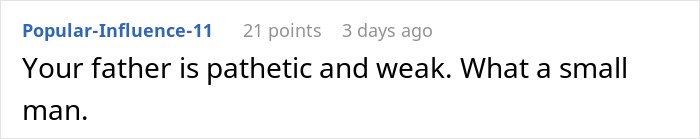 Text comment on a plain background expressing anger about a father being pathetic and weak.