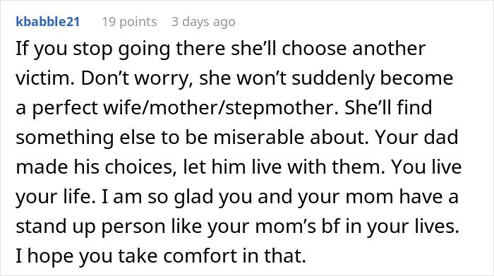 Comment discussing a teen’s struggle with an insecure stepmother revealing her true colors in family dynamics.