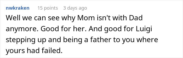 Screenshot of a comment discussing a teen’s stepmother showing true colors and family dynamics involving insecurity about a kid.