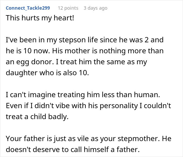 Reddit comment expressing pain about stepmother’s insecurity and unfair treatment of a stepson compared to her daughter.