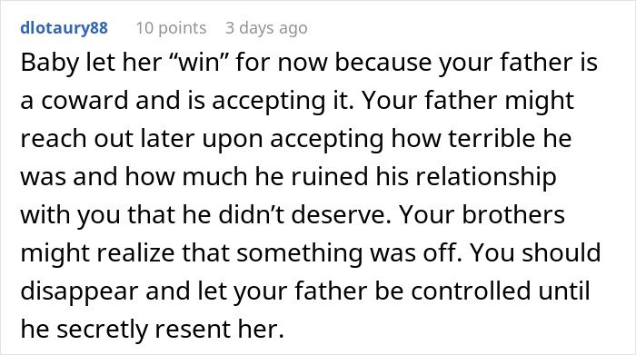 Comment discussing a teen’s feelings about insecurity and realizing their stepmother’s true colors in a family conflict.