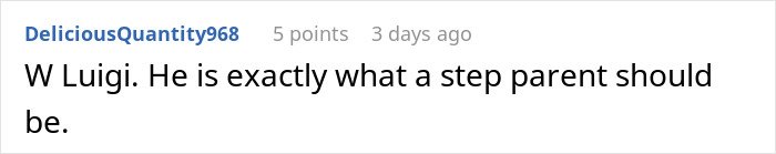 Reddit comment praising Luigi as an ideal step parent in a discussion about a teen seeing her stepmother’s true colors.