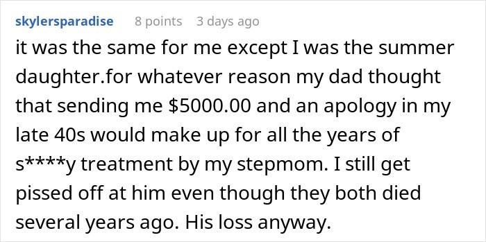 Comment describing stepmother’s unfair treatment of a teen, revealing stepmother’s true colors and the teen’s insecurity.