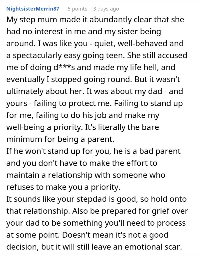 Teen shares experience of stepmother’s true colors and insecurity about a kid affecting family relationships and parental support.