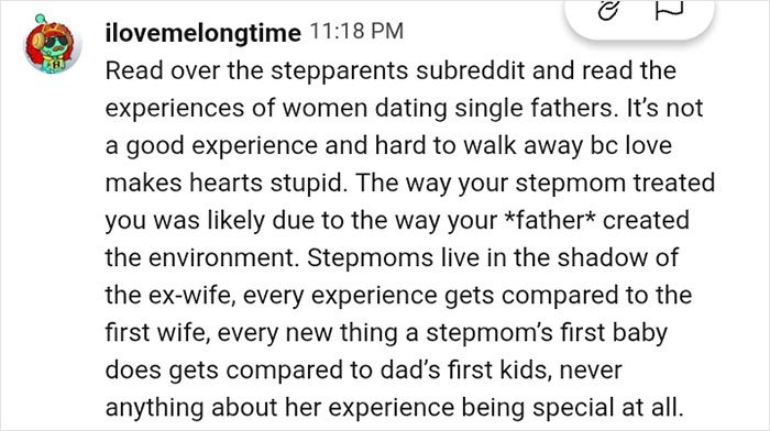 Screenshot of a Reddit comment discussing experiences with stepmothers and challenges of blended family dynamics.