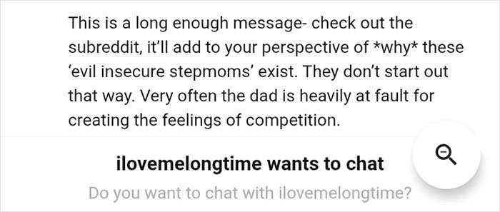 Text message discussing insecurity and competition caused by evil insecure stepmoms and the role of the dad's fault.