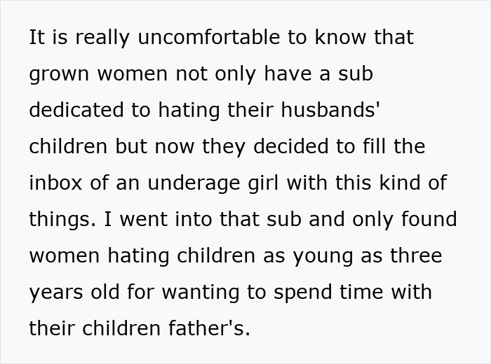 Text discussing insecurity and negativity from stepmother towards husband’s children, revealing true colors in teen’s story.