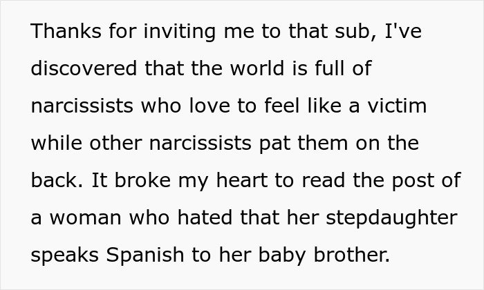 Text about narcissists and a stepmother’s behavior, highlighting insecurity about a kid and true colors revealed.