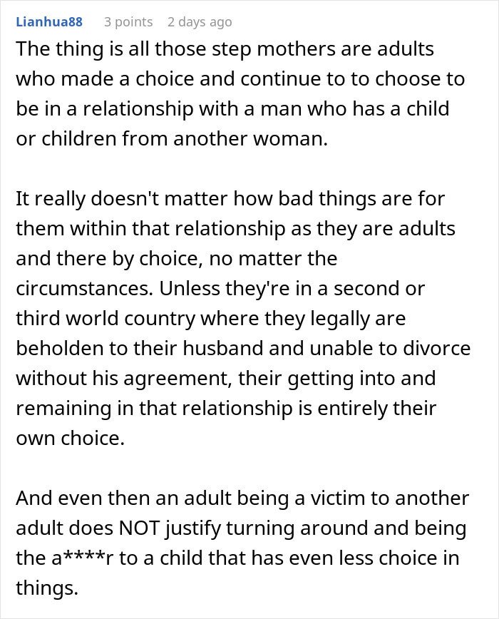 Comment discussing the challenges teen faces with an insecure stepmother revealing true colors in the family dynamic.