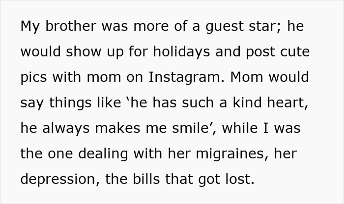 Text excerpt describing family dynamics where daughter cares deeply for mother but is unnoticed, overshadowed by son's gestures.