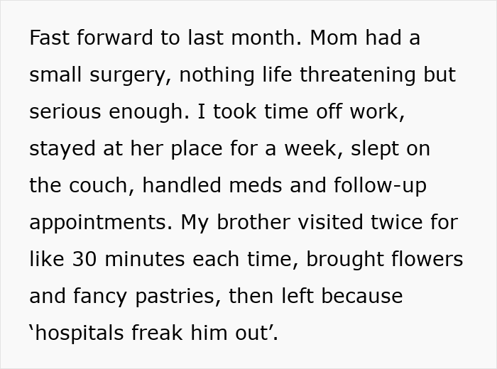 Text describing daughter’s extensive caregiving contrasted with son’s brief visits bringing flowers during mother’s recovery.