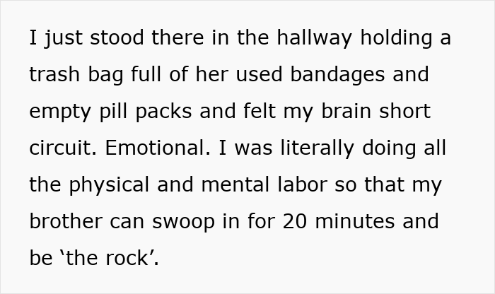 Text excerpt showing a woman overwhelmed by her daughter’s efforts while being blinded by flowers from her son.